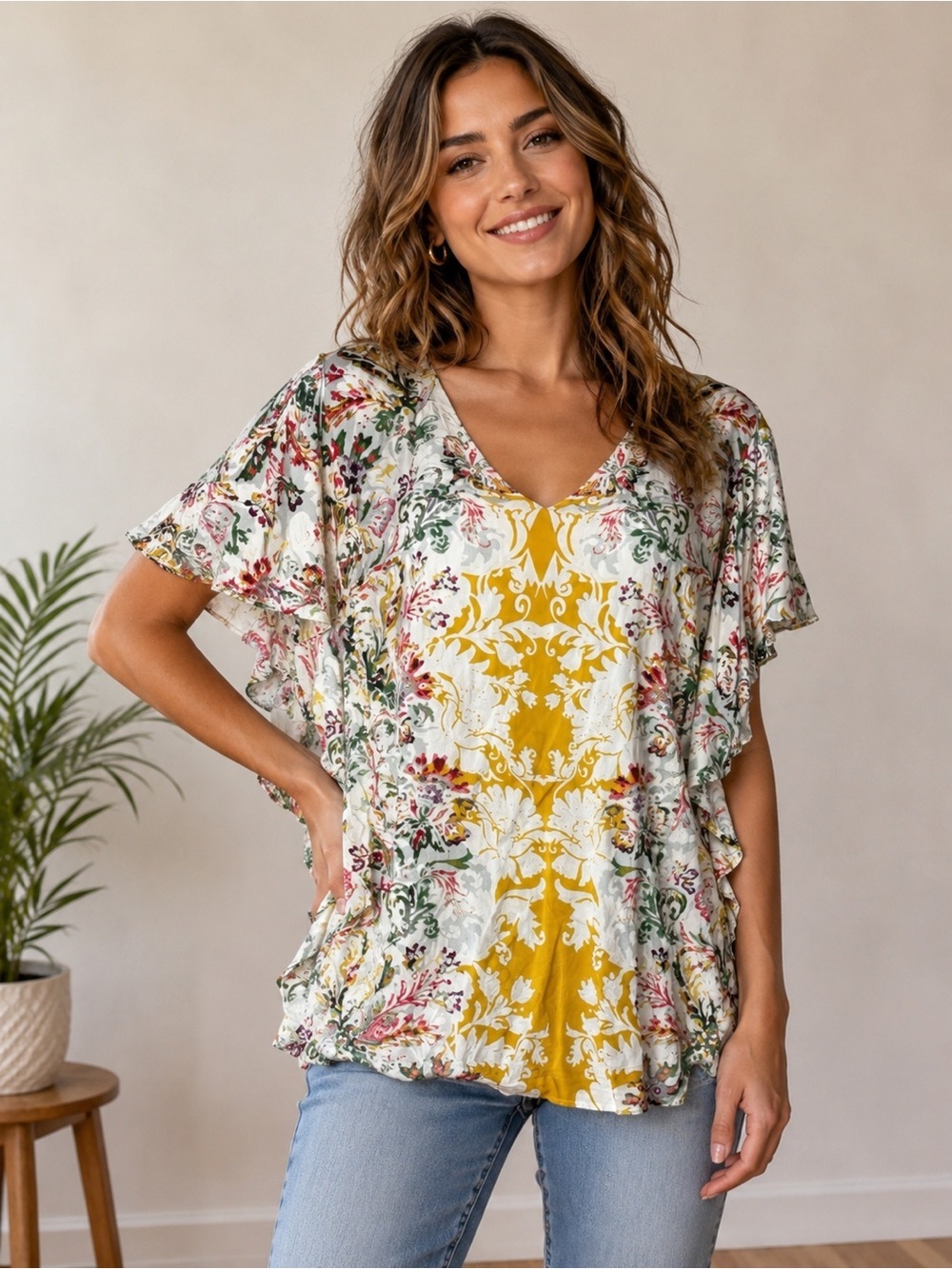 Sundance Arabella Ruffle Sleeve Blouse Womens Size Medium Floral Bohemian Top